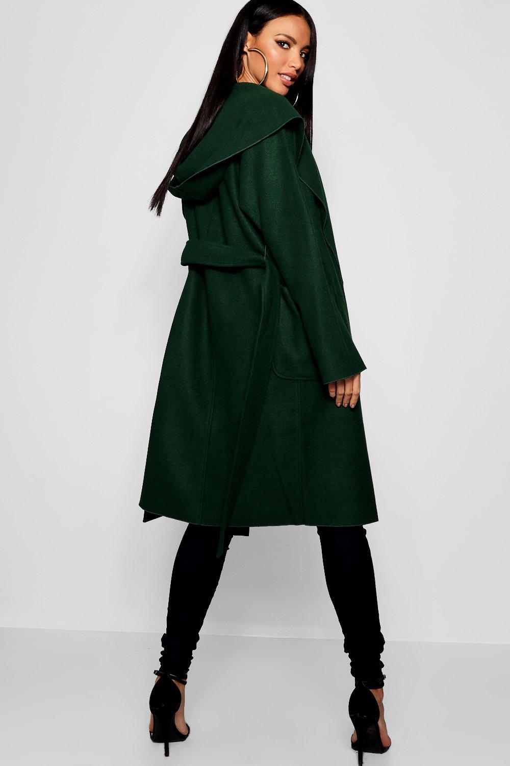 Boohoo hooded wool store look belted coat